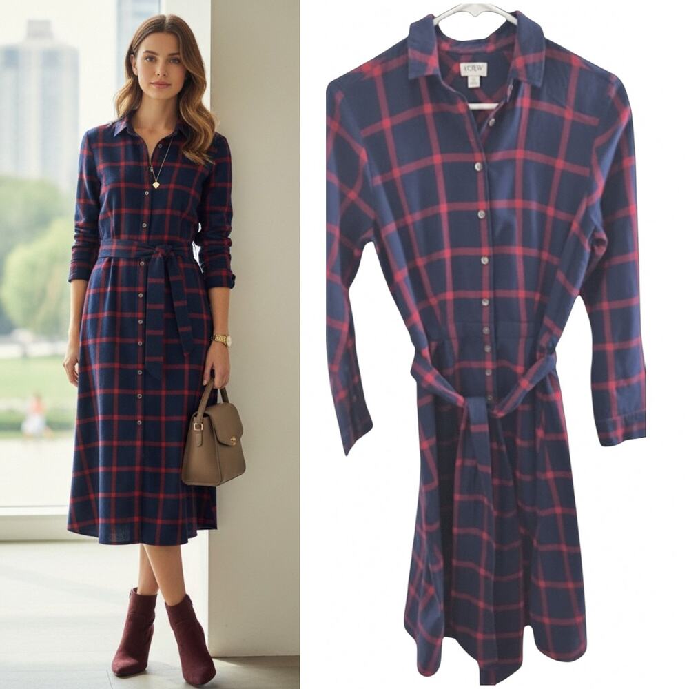 J. Crew Button Down Midi Shirt Dress Wmn's 2 Blue Red Flannel Check Long Sleeve